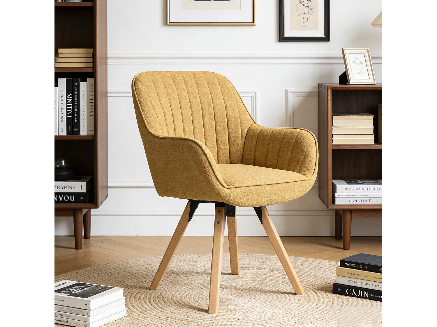 Meubles Cosy CARSON Fauteuil pivotant en tissu jaune style scandinave pieds bois de hêtre