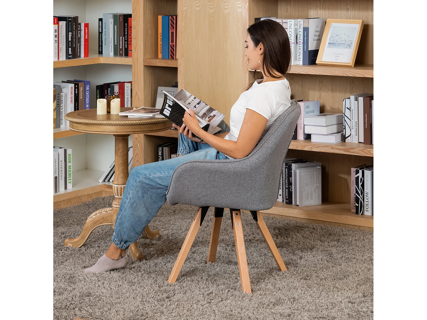 Fauteuil pivotant en tissu style scandinave pied en bois de hêtre,CARSON