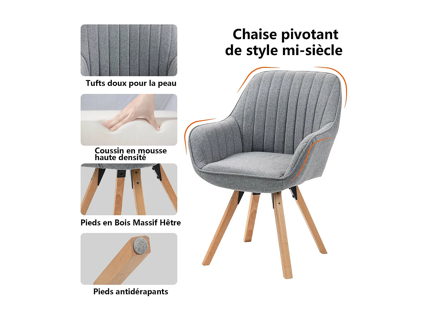 Fauteuil pivotant en tissu style scandinave pied en bois de hêtre,CARSON