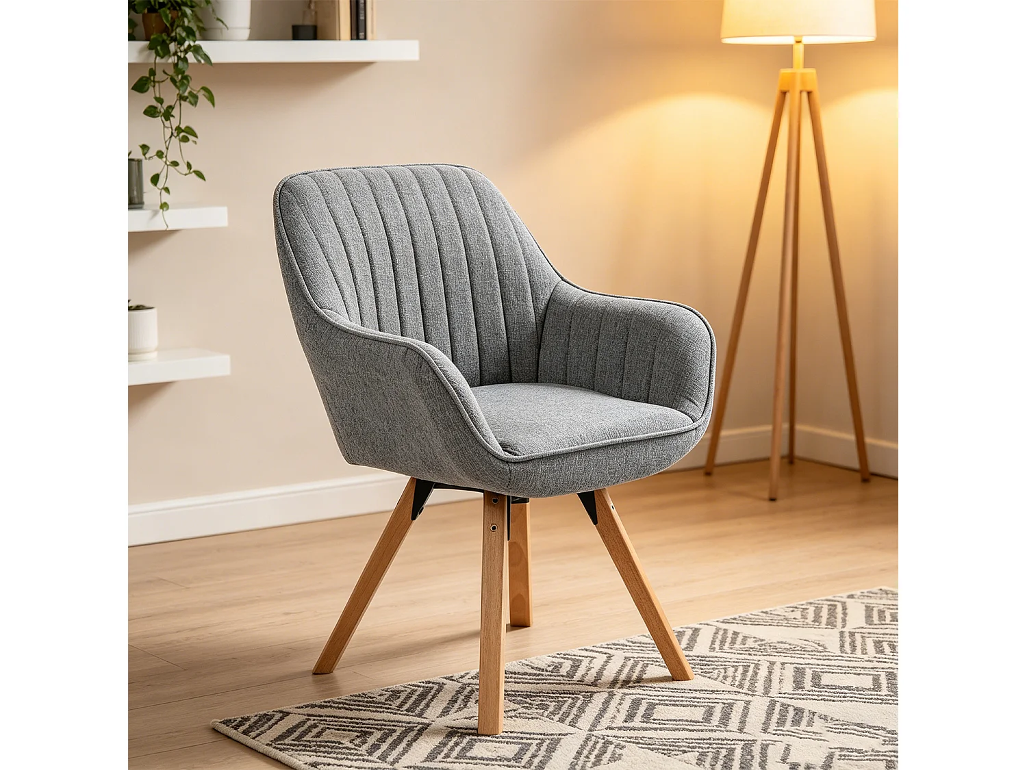 Fauteuil pivotant en tissu style scandinave pied en bois de hêtre,CARSON