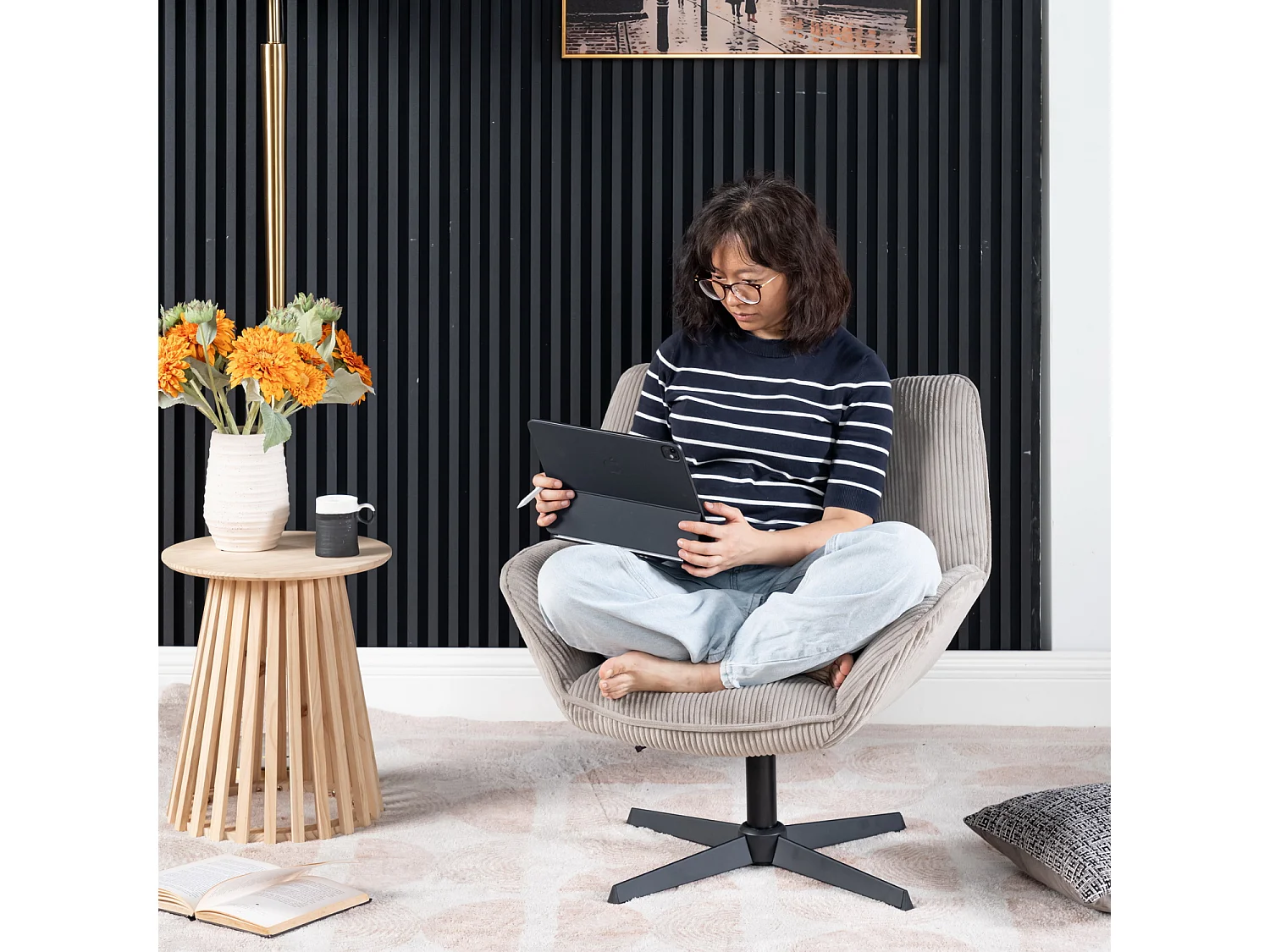 Fauteuil pivotant réglable en hauteur sans accoudoir en velours côtelé,DUROTHIL