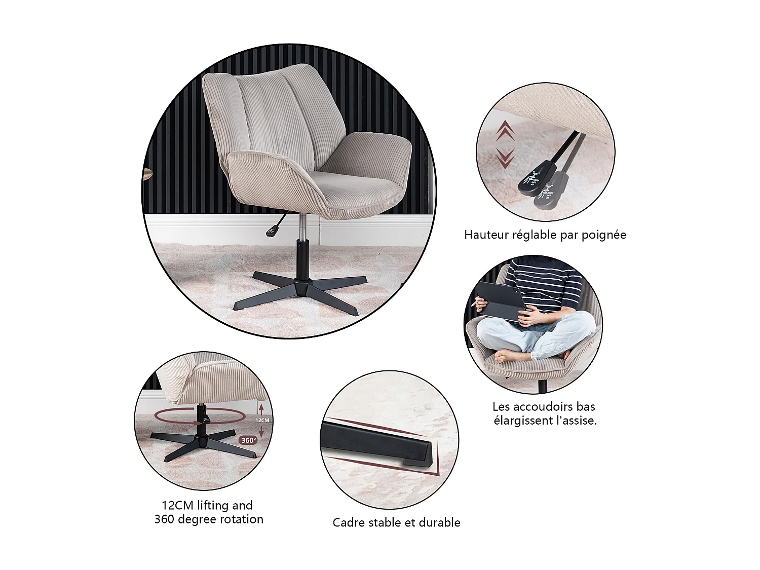 Fauteuil pivotant réglable en hauteur sans accoudoir en velours côtelé,DUROTHIL