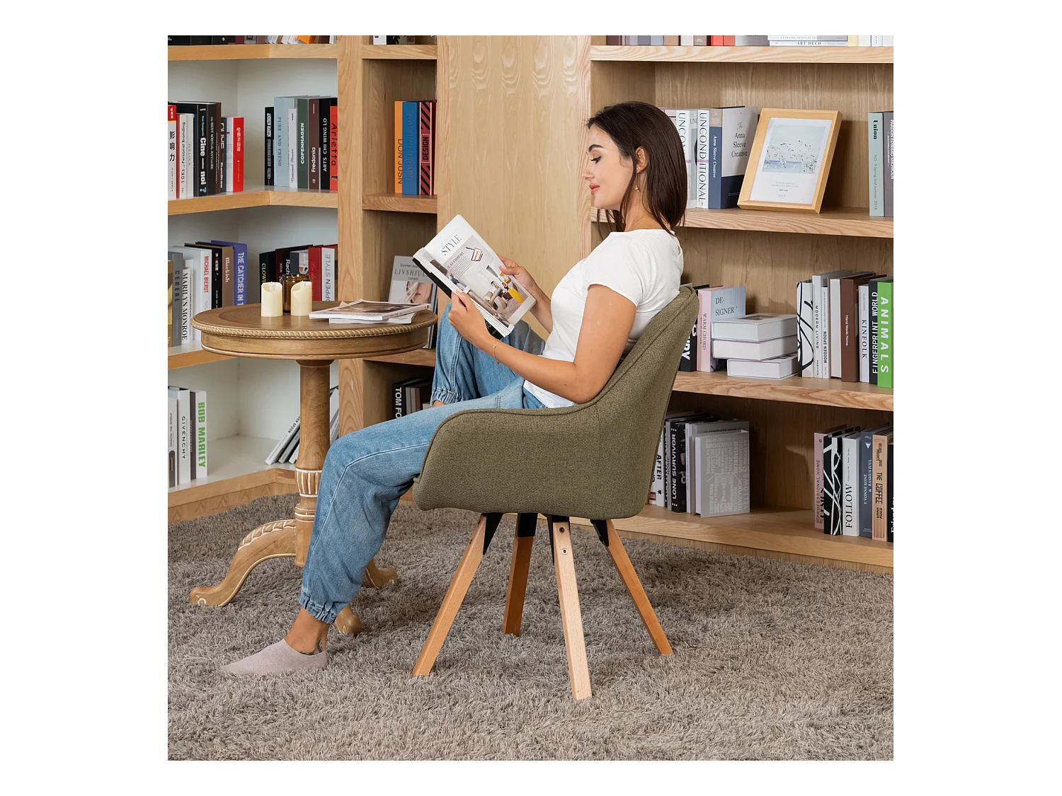 Fauteuil pivotant en tissu style scandinave pied en bois de hêtre,CARSON