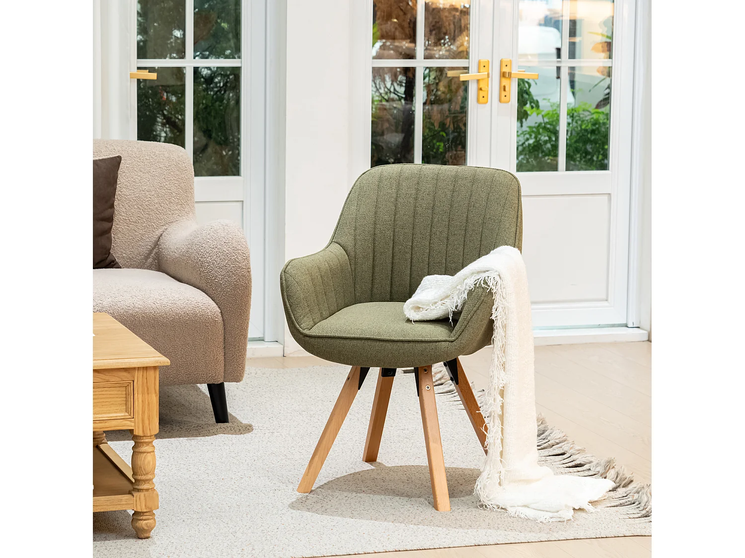Fauteuil pivotant en tissu style scandinave pied en bois de hêtre,CARSON