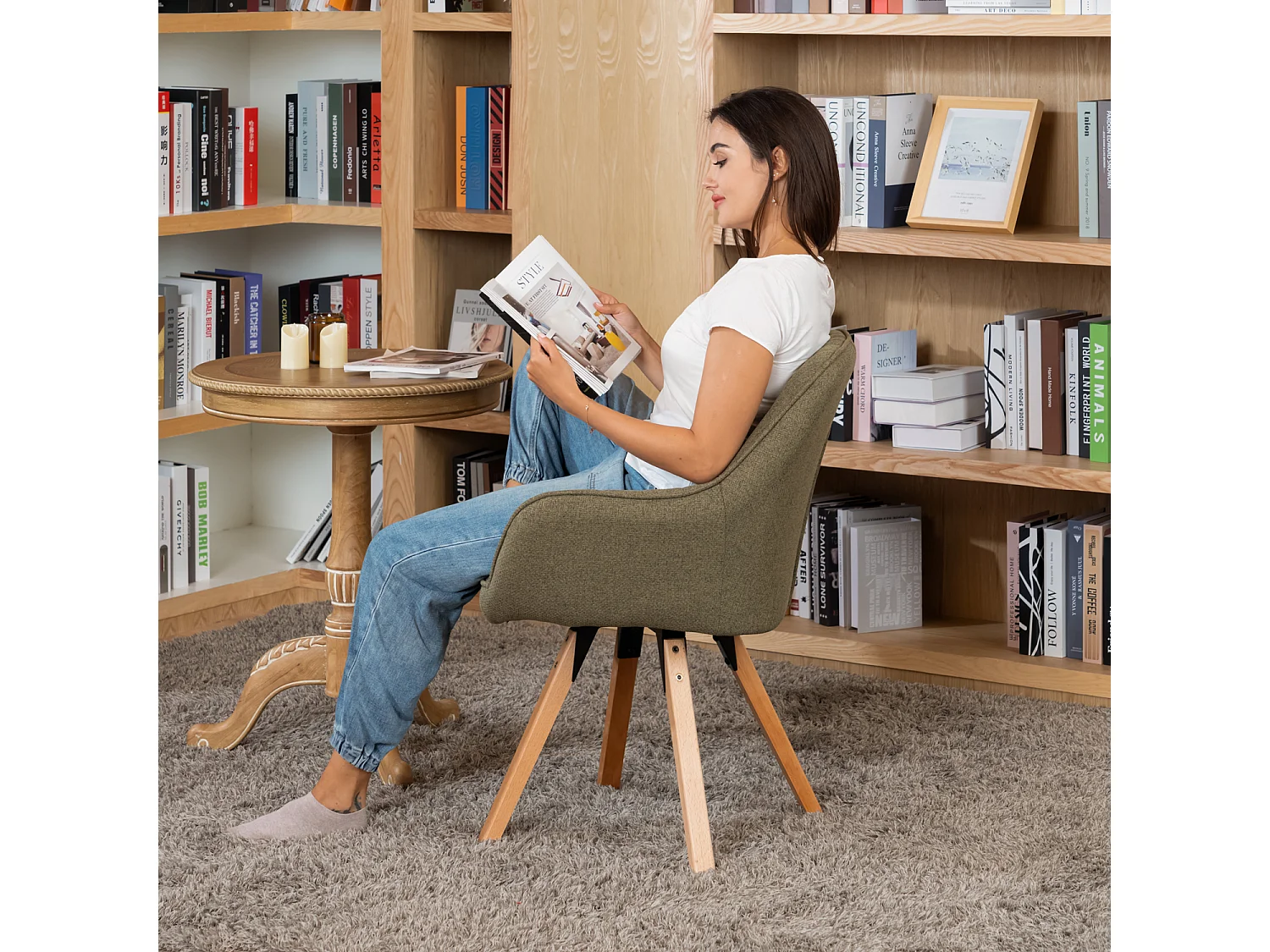 Fauteuil pivotant en tissu style scandinave pied en bois de hêtre,CARSON