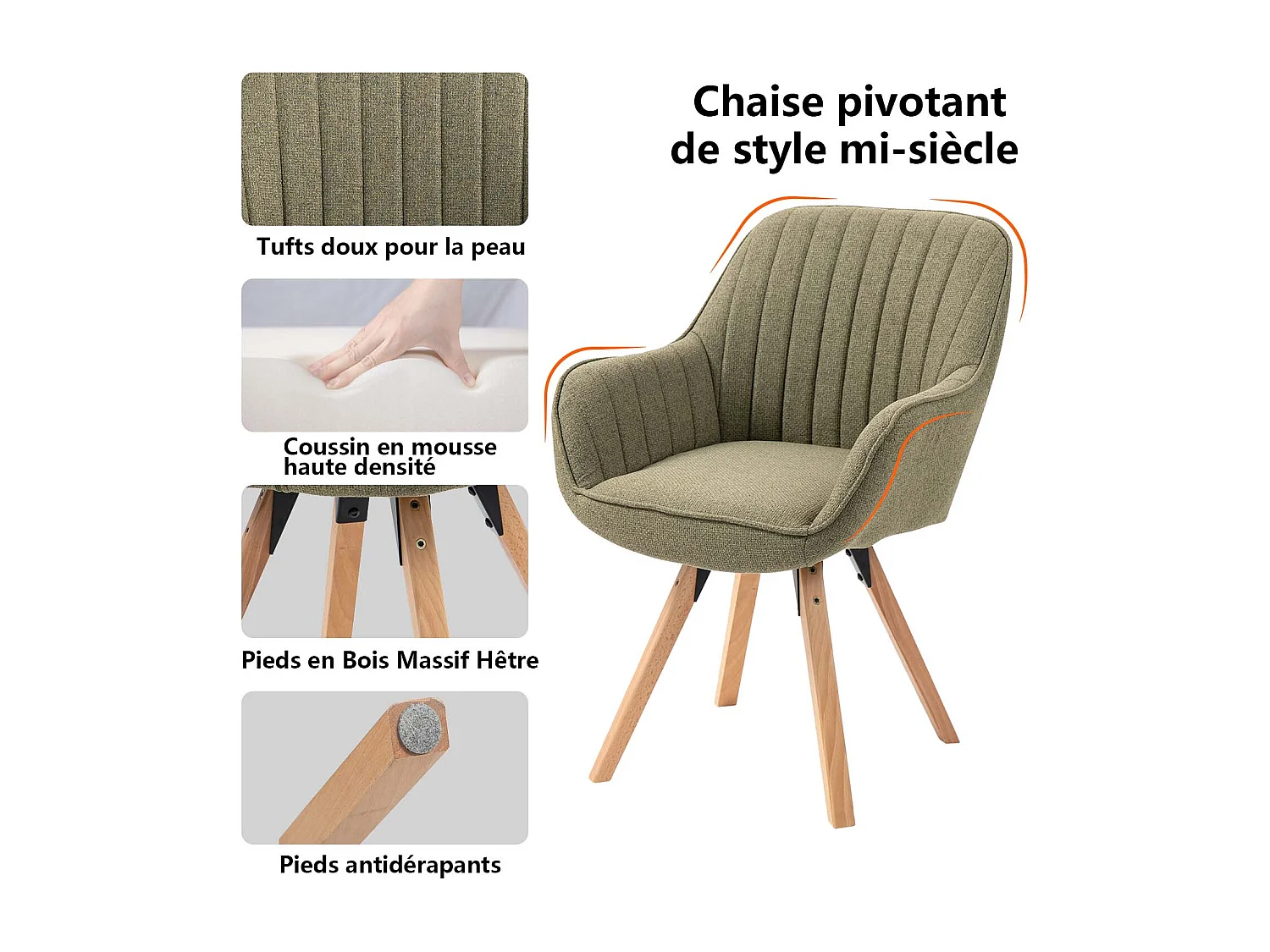 Fauteuil pivotant en tissu style scandinave pied en bois de hêtre,CARSON