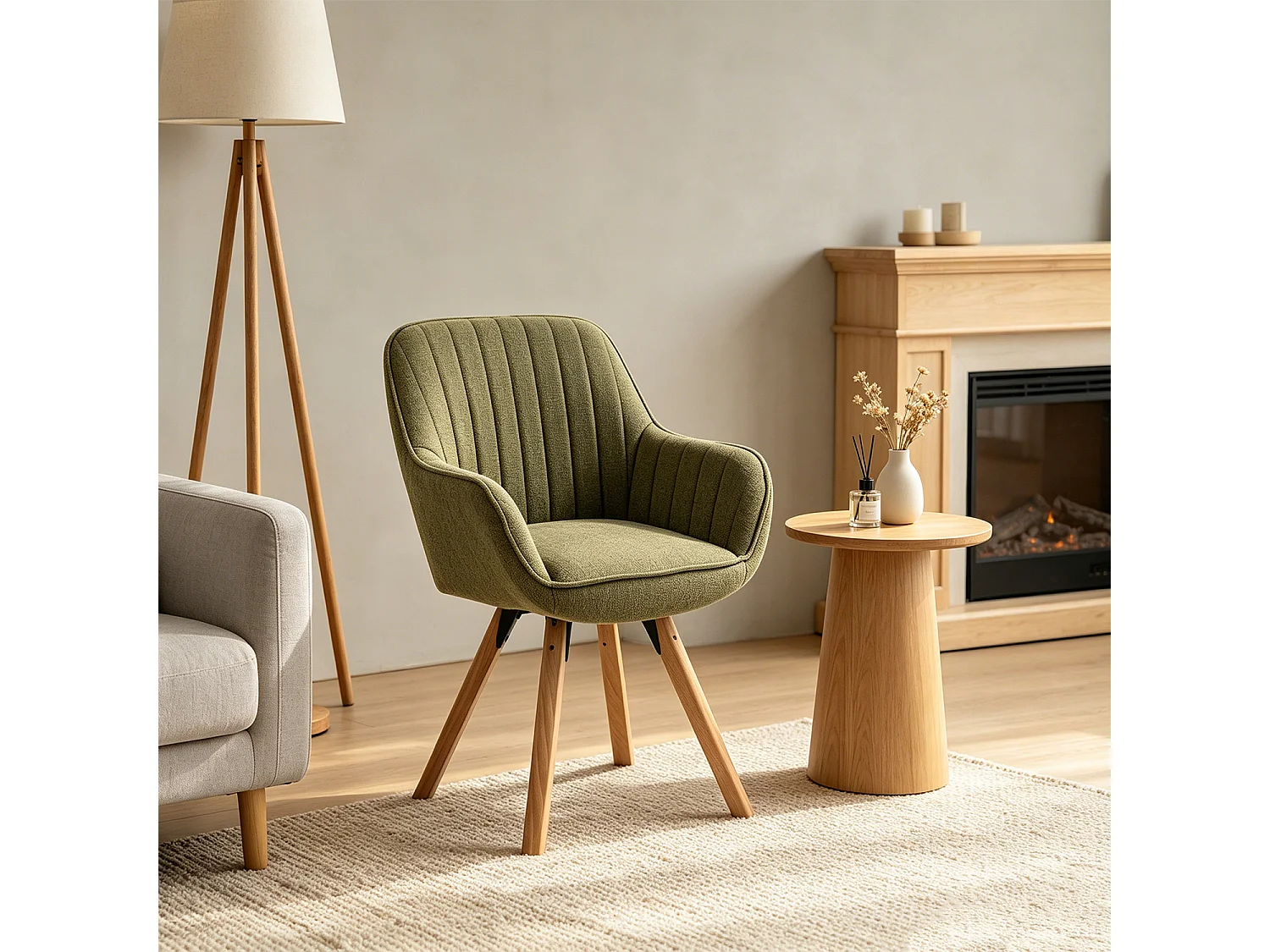 Meubles Cosy CARSON Draaifauteuil in stof groen Scandinavische stijl beukenhouten poten