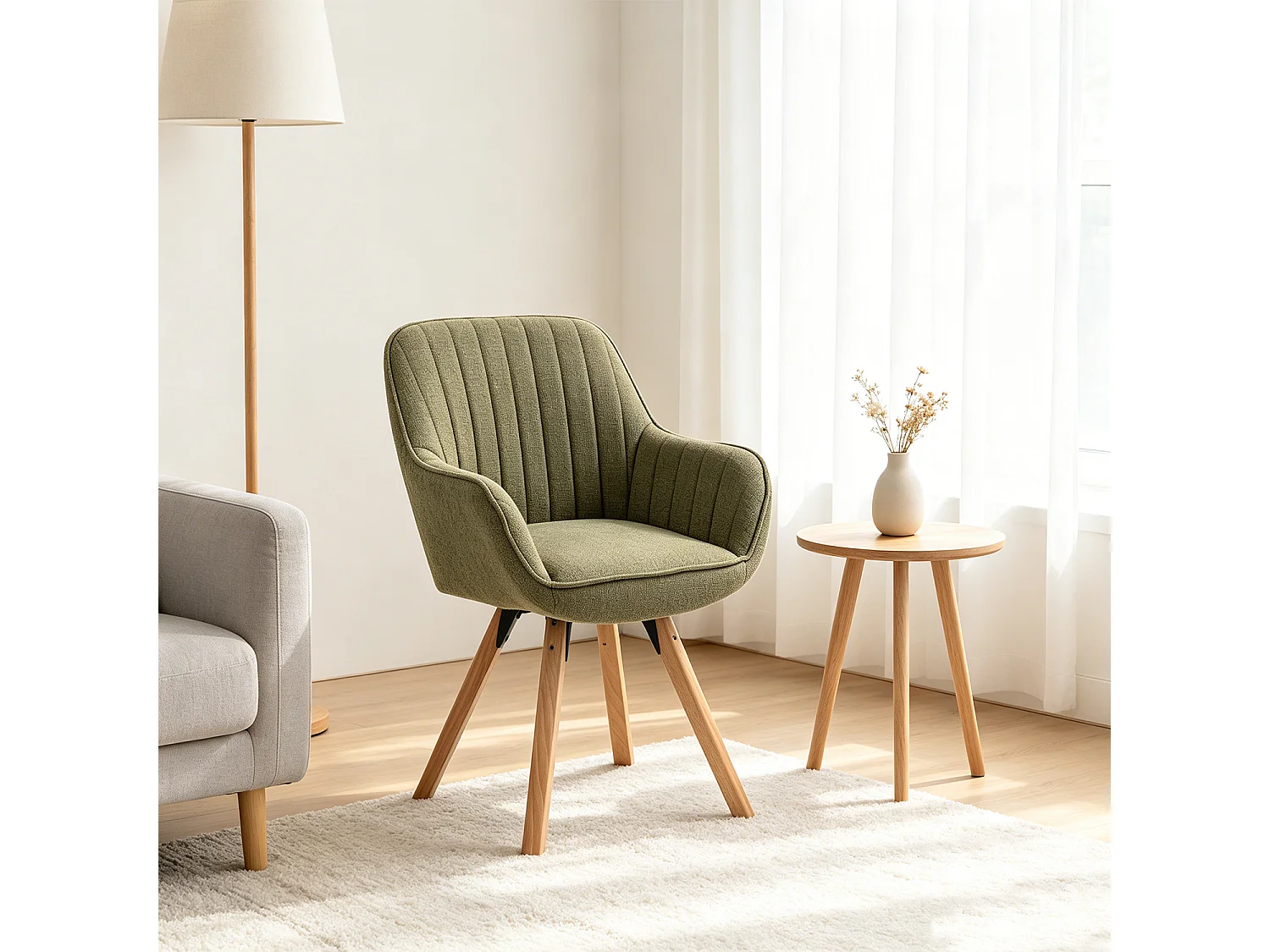 Meubles Cosy CARSON Draaifauteuil in stof groen Scandinavische stijl beukenhouten poten