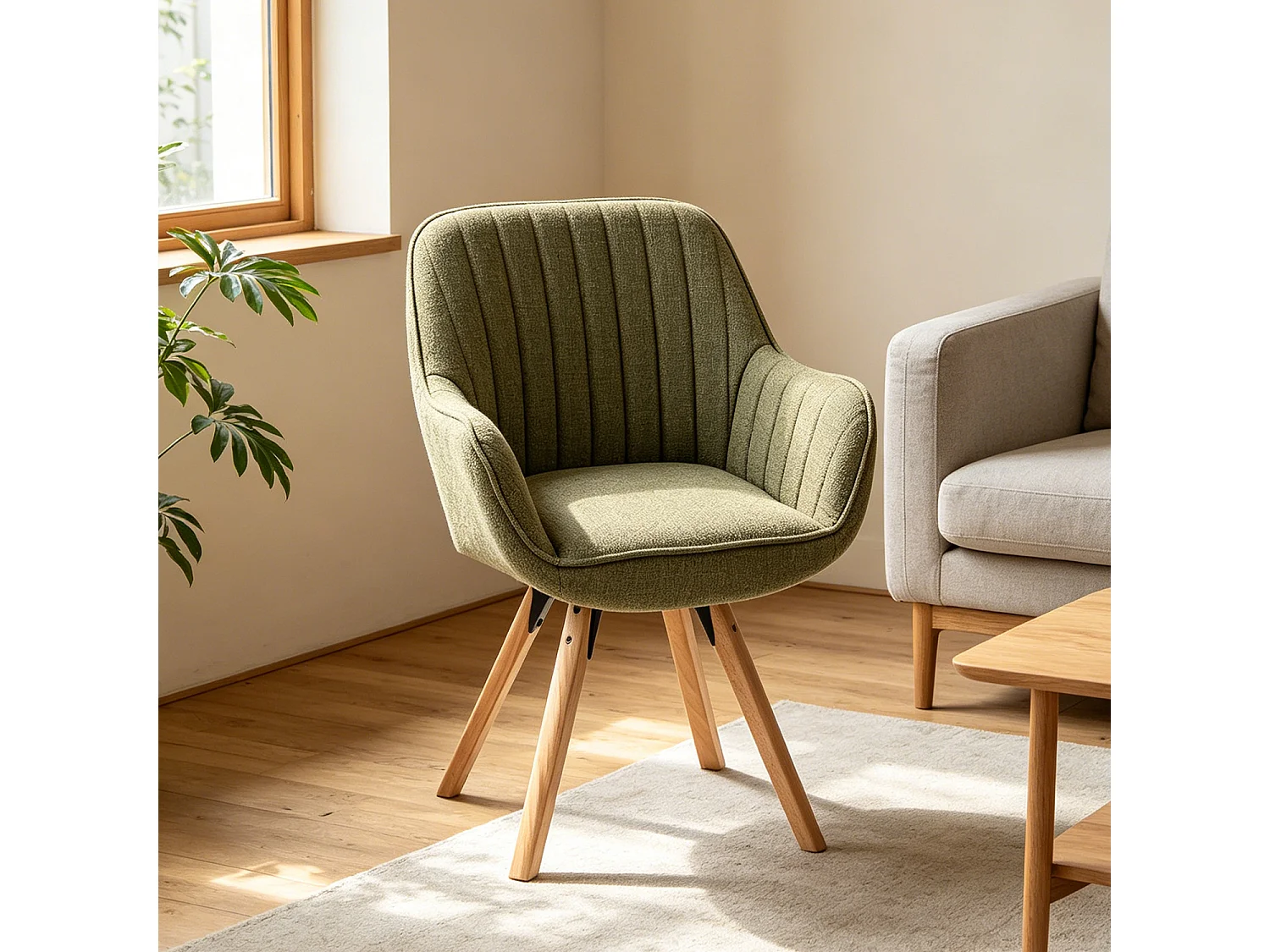 Meubles Cosy CARSON Draaifauteuil in stof groen Scandinavische stijl beukenhouten poten