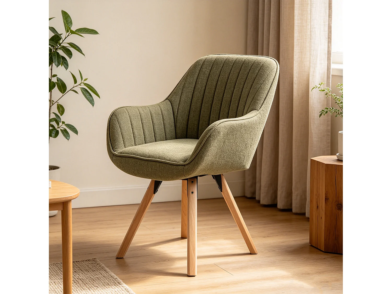 Meubles Cosy CARSON Draaifauteuil in stof groen Scandinavische stijl beukenhouten poten