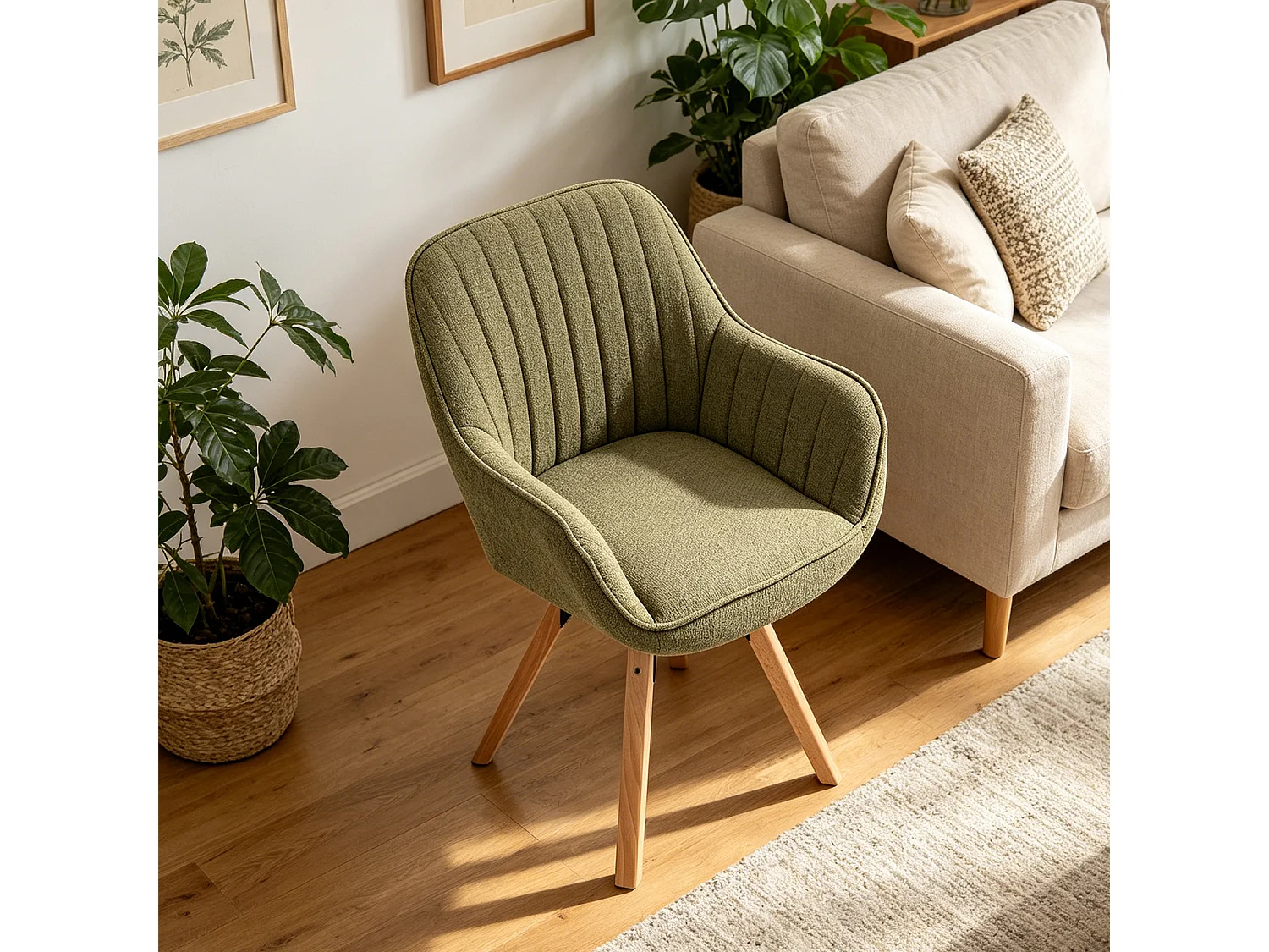 Meubles Cosy CARSON Draaifauteuil in stof groen Scandinavische stijl beukenhouten poten