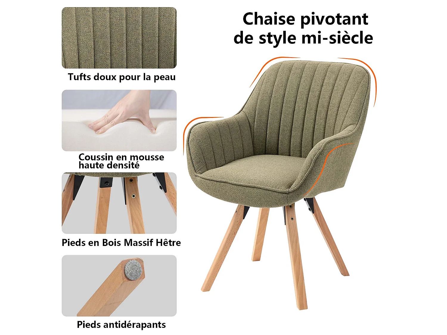 Meubles Cosy CARSON Draaifauteuil in stof groen Scandinavische stijl beukenhouten poten