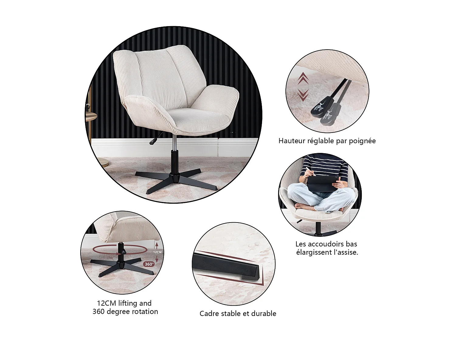 Chaise de bureau pivotant réglable en hauteur en velours côtelé,DUROTHILOFFICE
