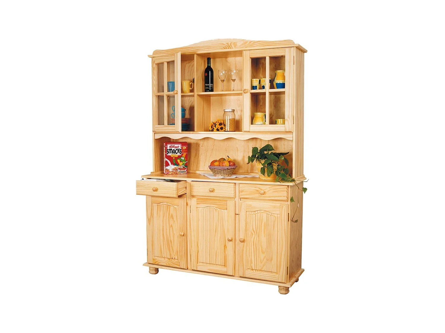 Bahut vaisselier toscana en pin massif vernis naturel, 43 x 130 x 198 cm