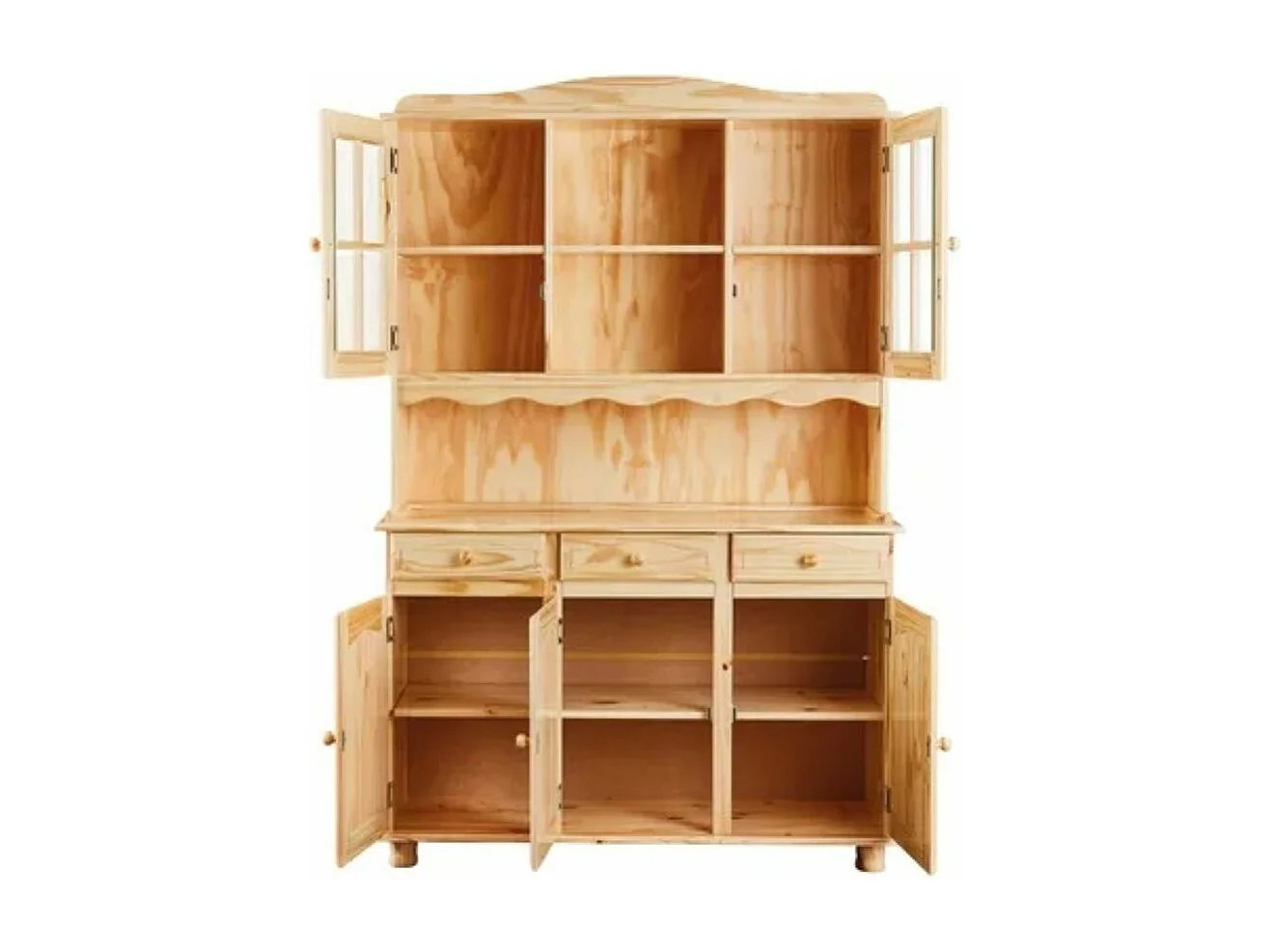 Bahut vaisselier toscana en pin massif vernis naturel, 43 x 130 x 198 cm