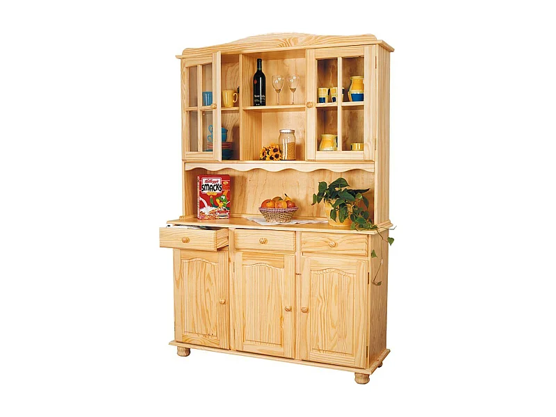Bahut vaisselier toscana en pin massif vernis naturel, 43 x 130 x 198 cm