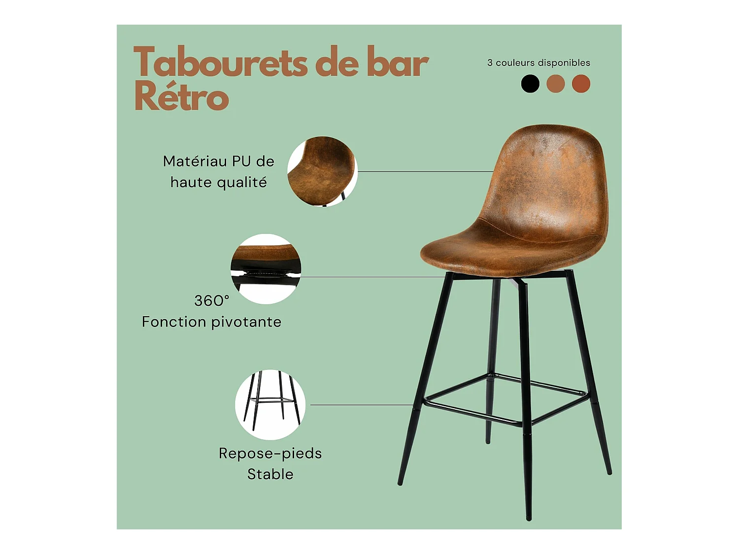 URBAN MEUBLE Lot de 2 tabourets de bar vintage pivotants en faux daim style industriel 67Hcm