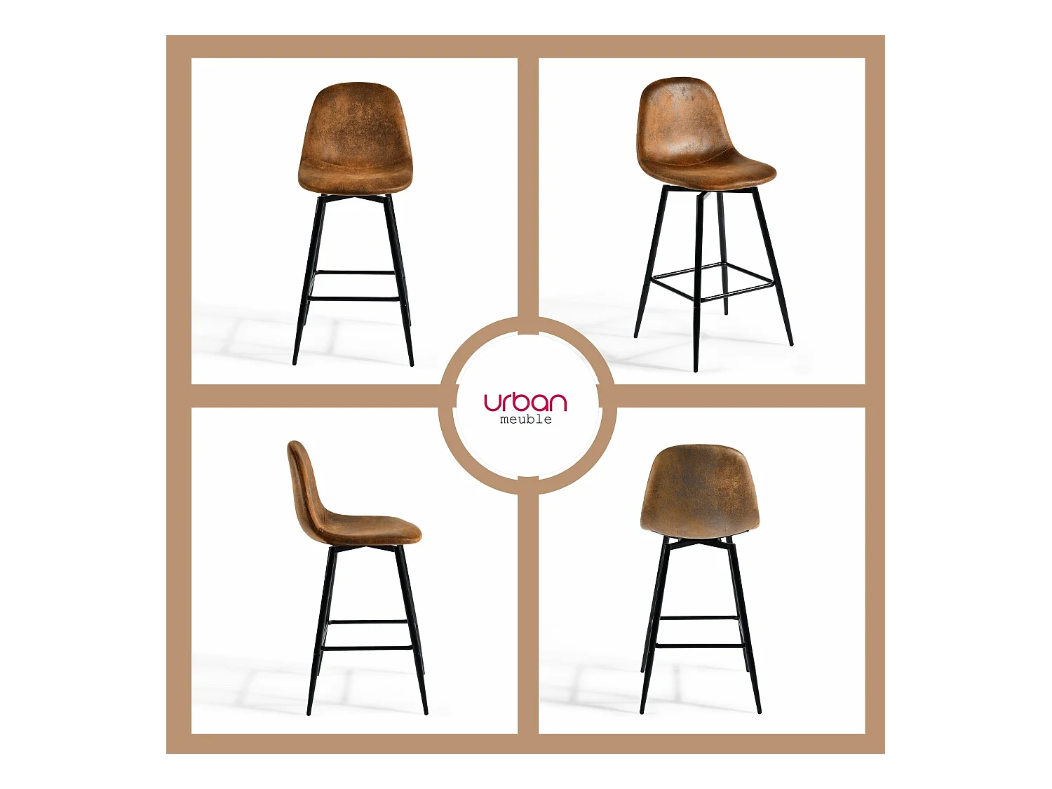 URBAN MEUBLE Lot de 2 tabourets de bar vintage pivotants en faux daim style industriel 67Hcm