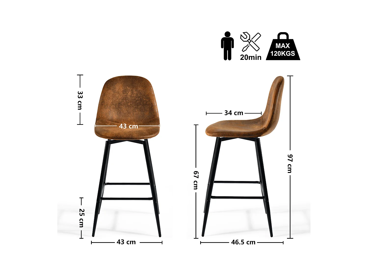 URBAN MEUBLE Lot de 2 tabourets de bar vintage pivotants en faux daim style industriel 67Hcm