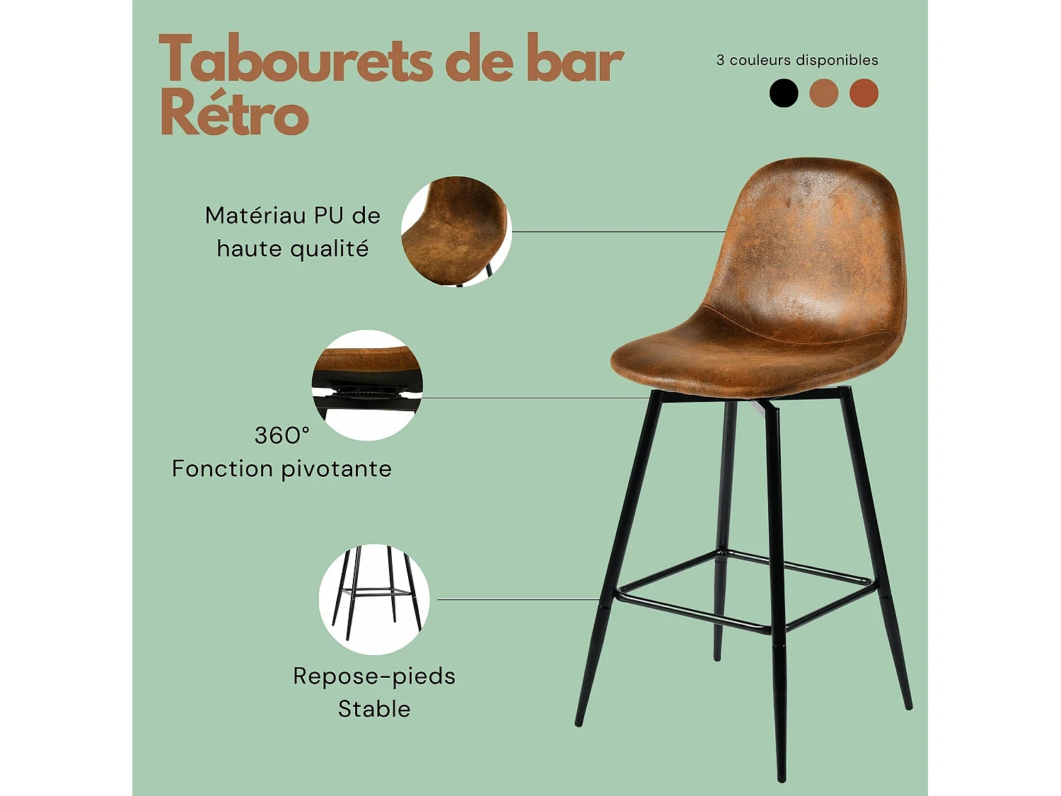 URBAN MEUBLE Lot de 2 tabourets de bar vintage pivotants en faux daim style industriel 67Hcm