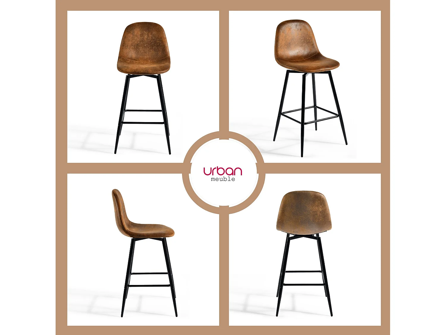 URBAN MEUBLE Lot de 2 tabourets de bar vintage pivotants en faux daim style industriel 67Hcm