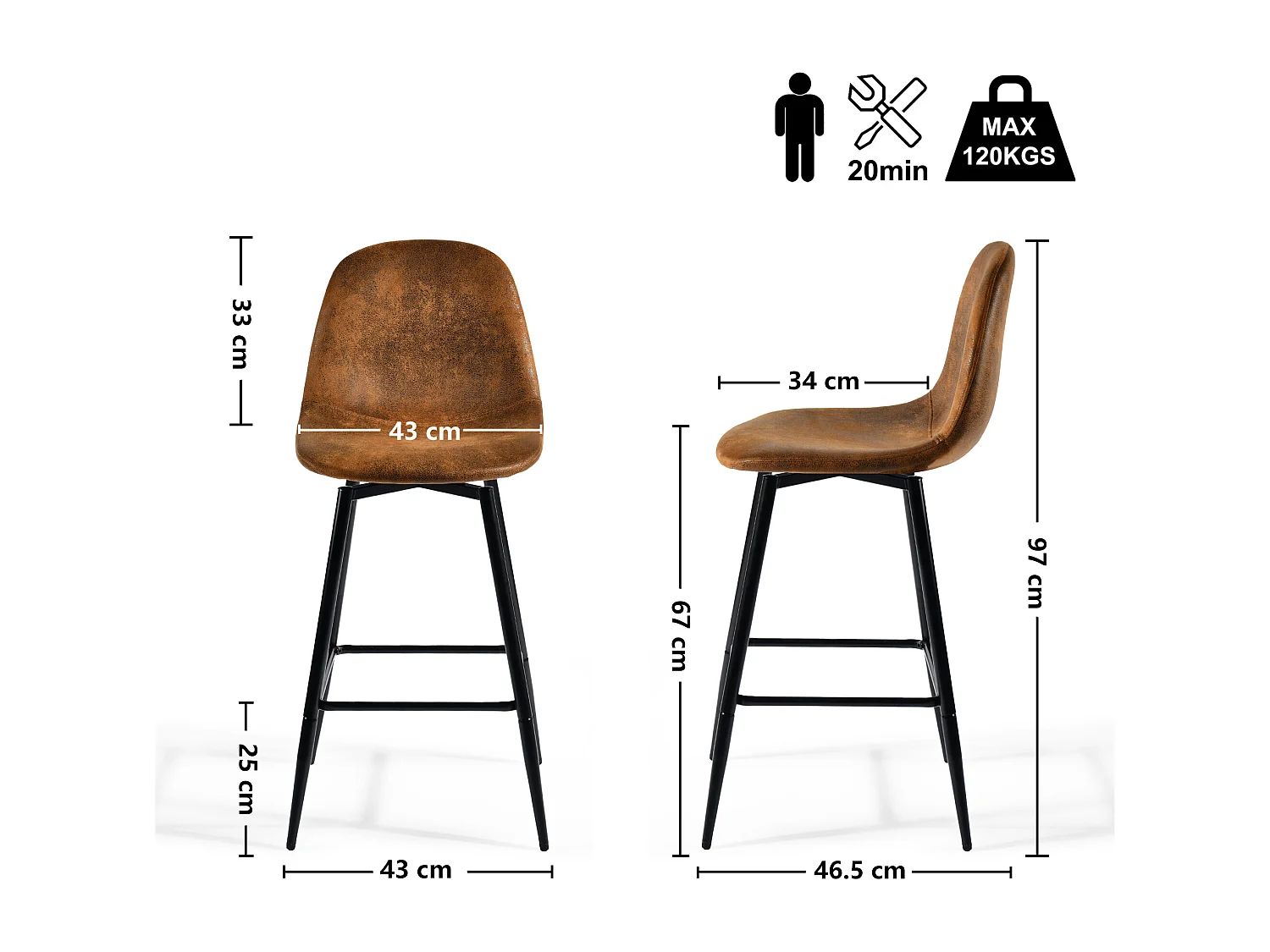 URBAN MEUBLE Lot de 2 tabourets de bar vintage pivotants en faux daim style industriel 67Hcm