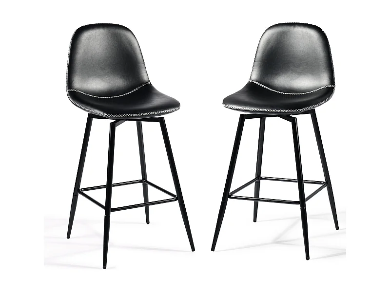 URBAN MEUBLE Lot de 2 tabourets de bar pivotants en PU noir de style industriel surpiqûres blancs 67Hcm