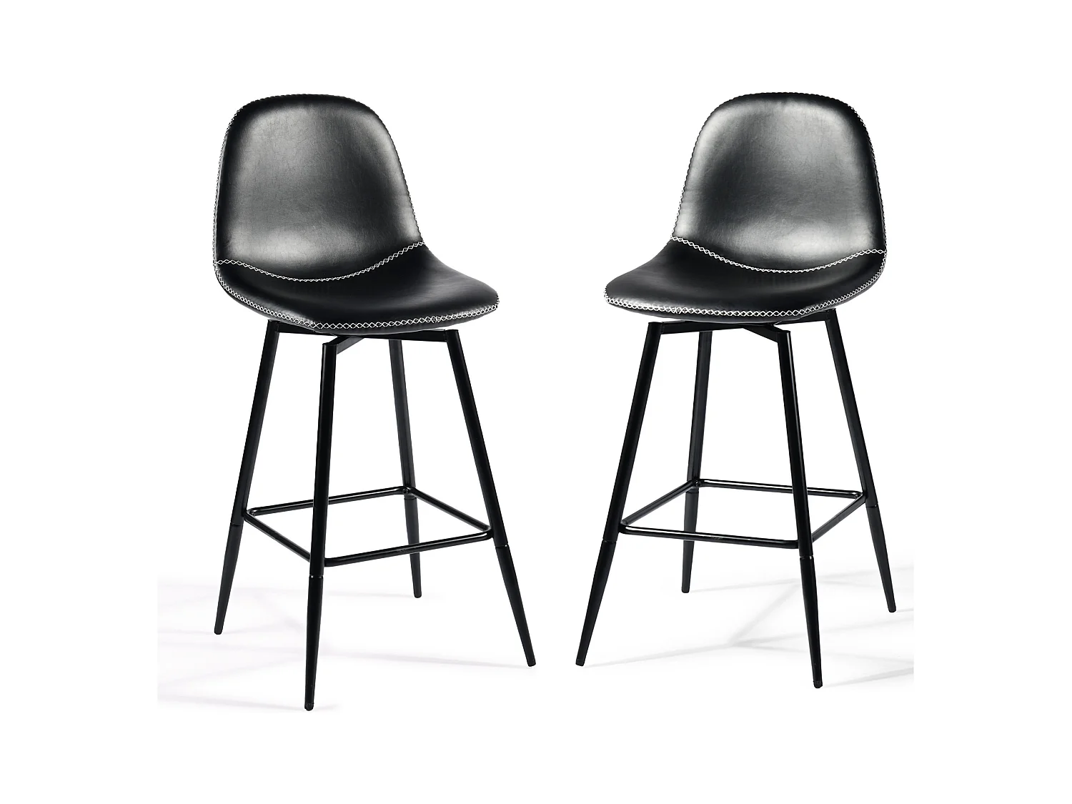 URBAN MEUBLE Lot de 2 tabourets de bar pivotants en PU noir de style industriel surpiqûres blancs 67Hcm