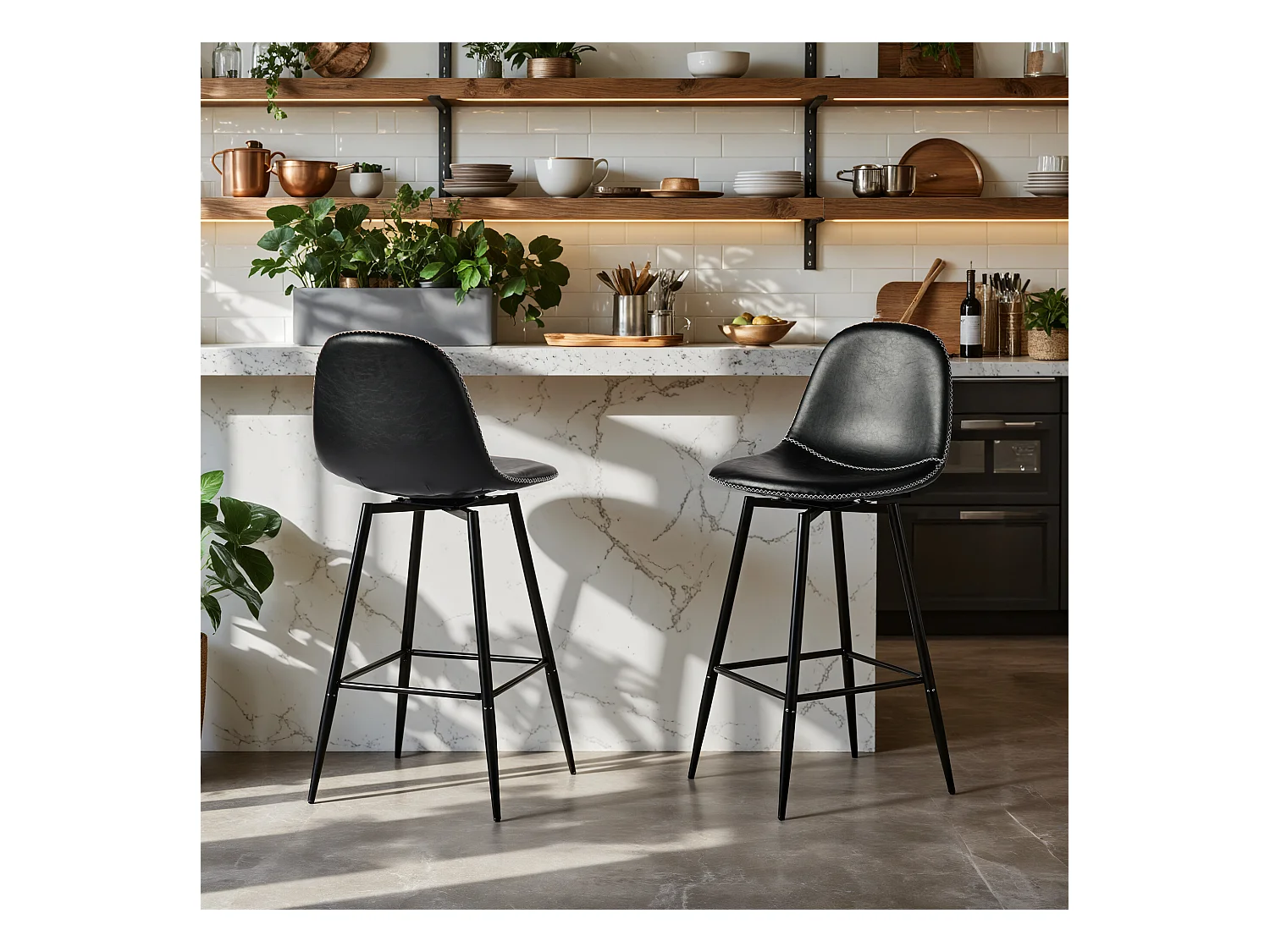 URBAN MEUBLE Lot de 2 tabourets de bar pivotants en PU noir de style industriel surpiqûres blancs 67Hcm