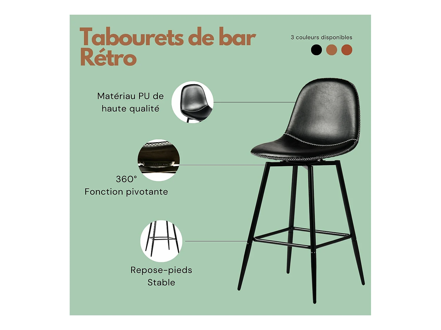 URBAN MEUBLE Lot de 2 tabourets de bar pivotants en PU noir de style industriel surpiqûres blancs 67Hcm