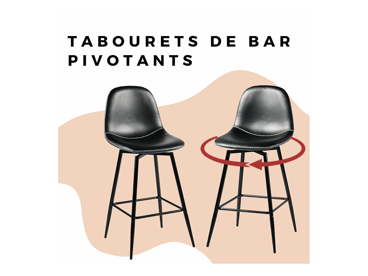 URBAN MEUBLE Lot de 2 tabourets de bar pivotants en PU noir de style industriel surpiqûres blancs 67Hcm