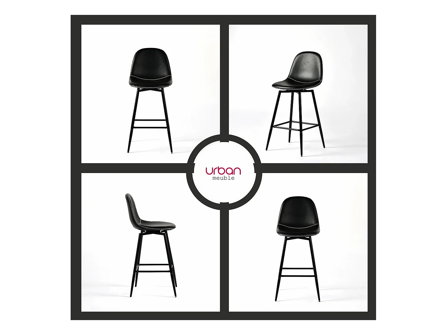 URBAN MEUBLE Lot de 2 tabourets de bar pivotants en PU noir de style industriel surpiqûres blancs 67Hcm