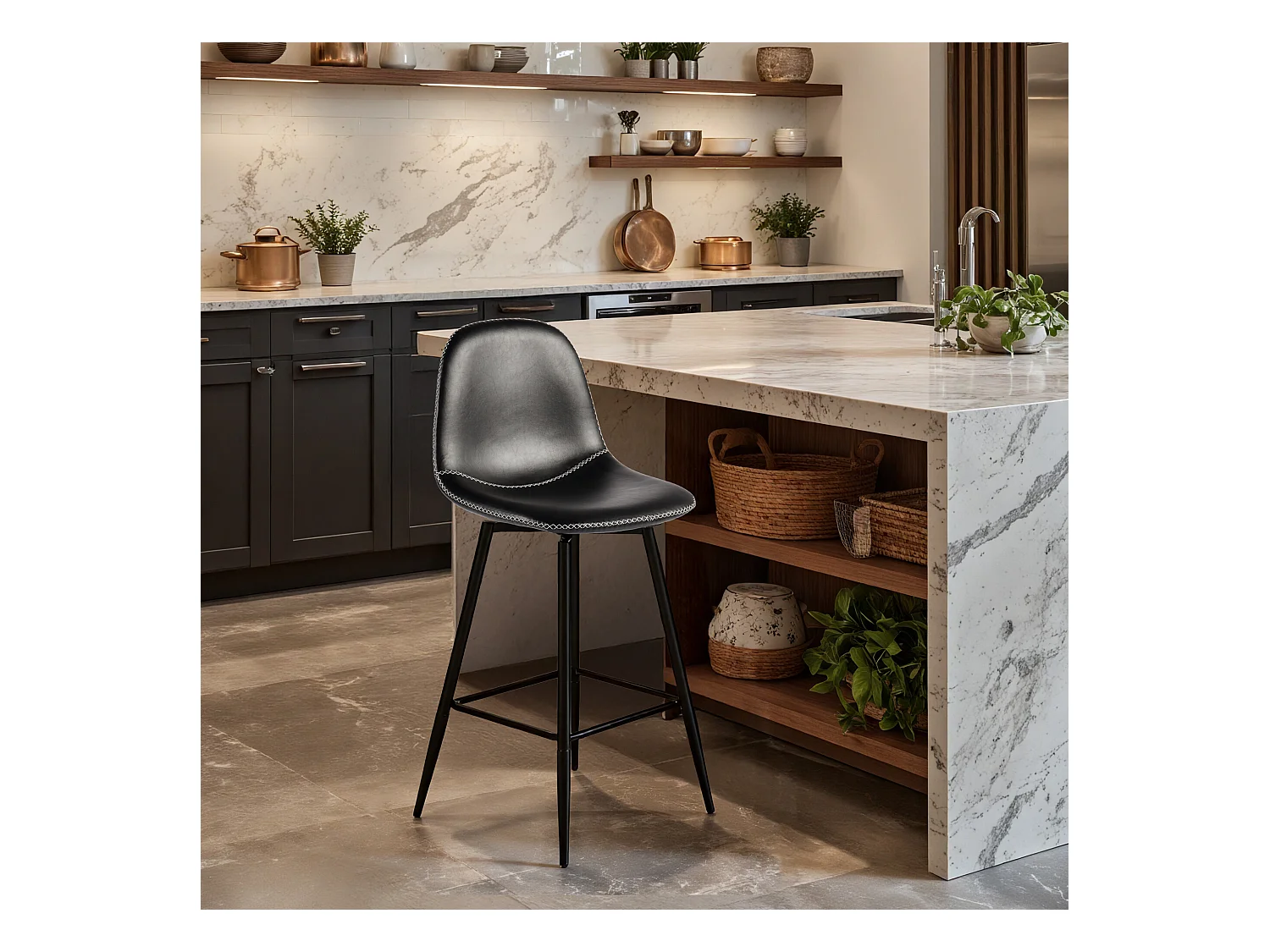 URBAN MEUBLE Lot de 2 tabourets de bar pivotants en PU noir de style industriel surpiqûres blancs 67Hcm