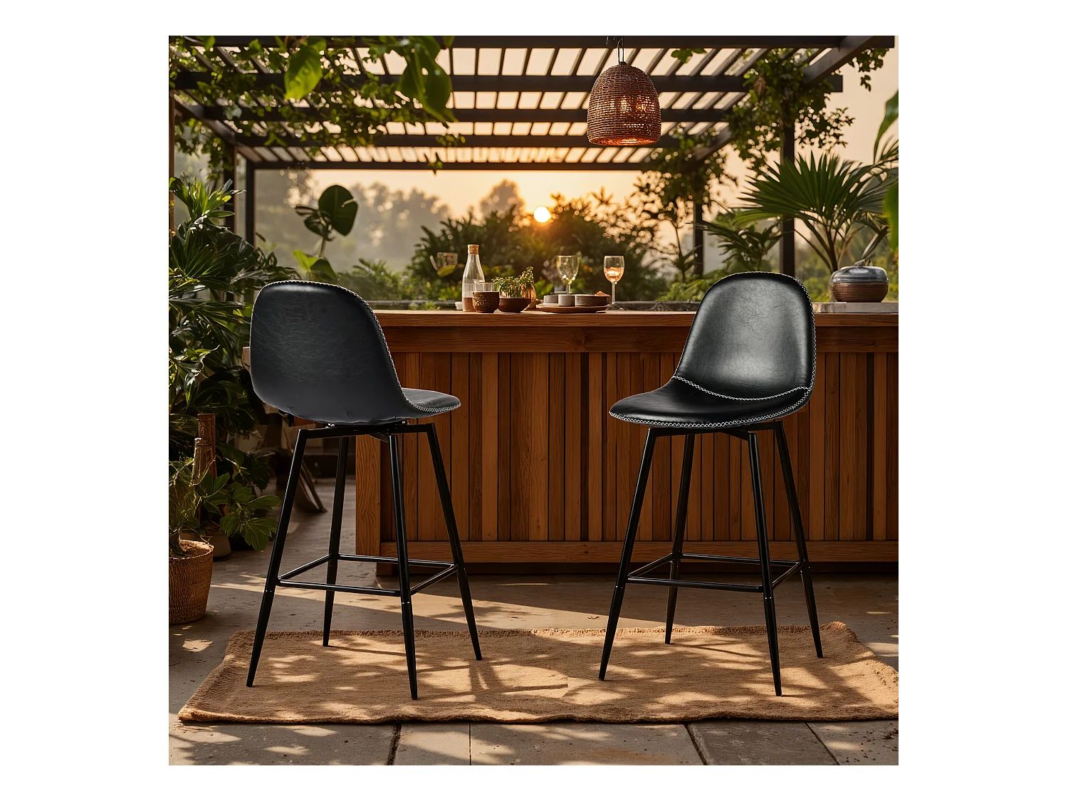 URBAN MEUBLE Lot de 2 tabourets de bar pivotants en PU noir de style industriel surpiqûres blancs 67Hcm