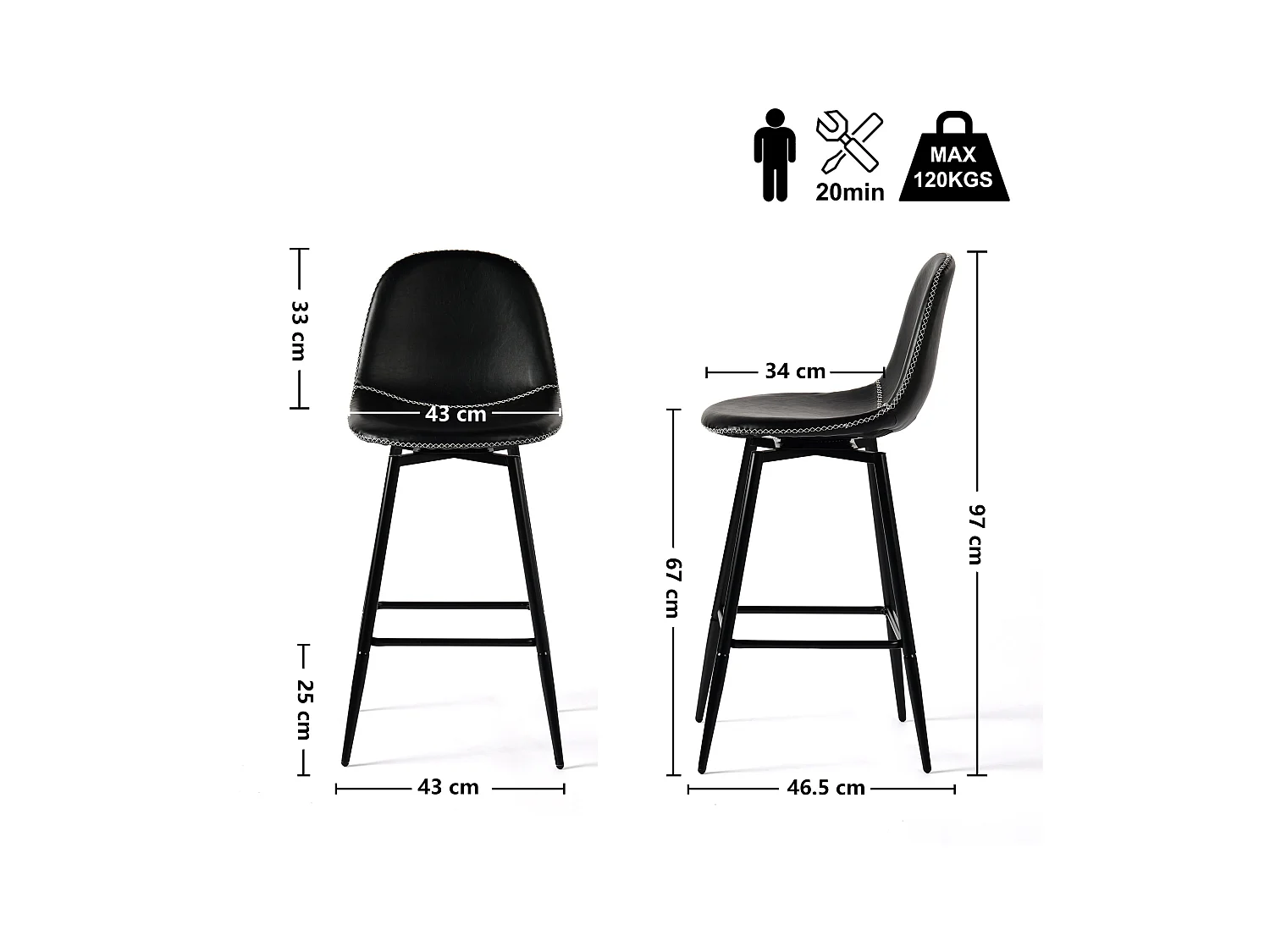URBAN MEUBLE Lot de 2 tabourets de bar pivotants en PU noir de style industriel surpiqûres blancs 67Hcm