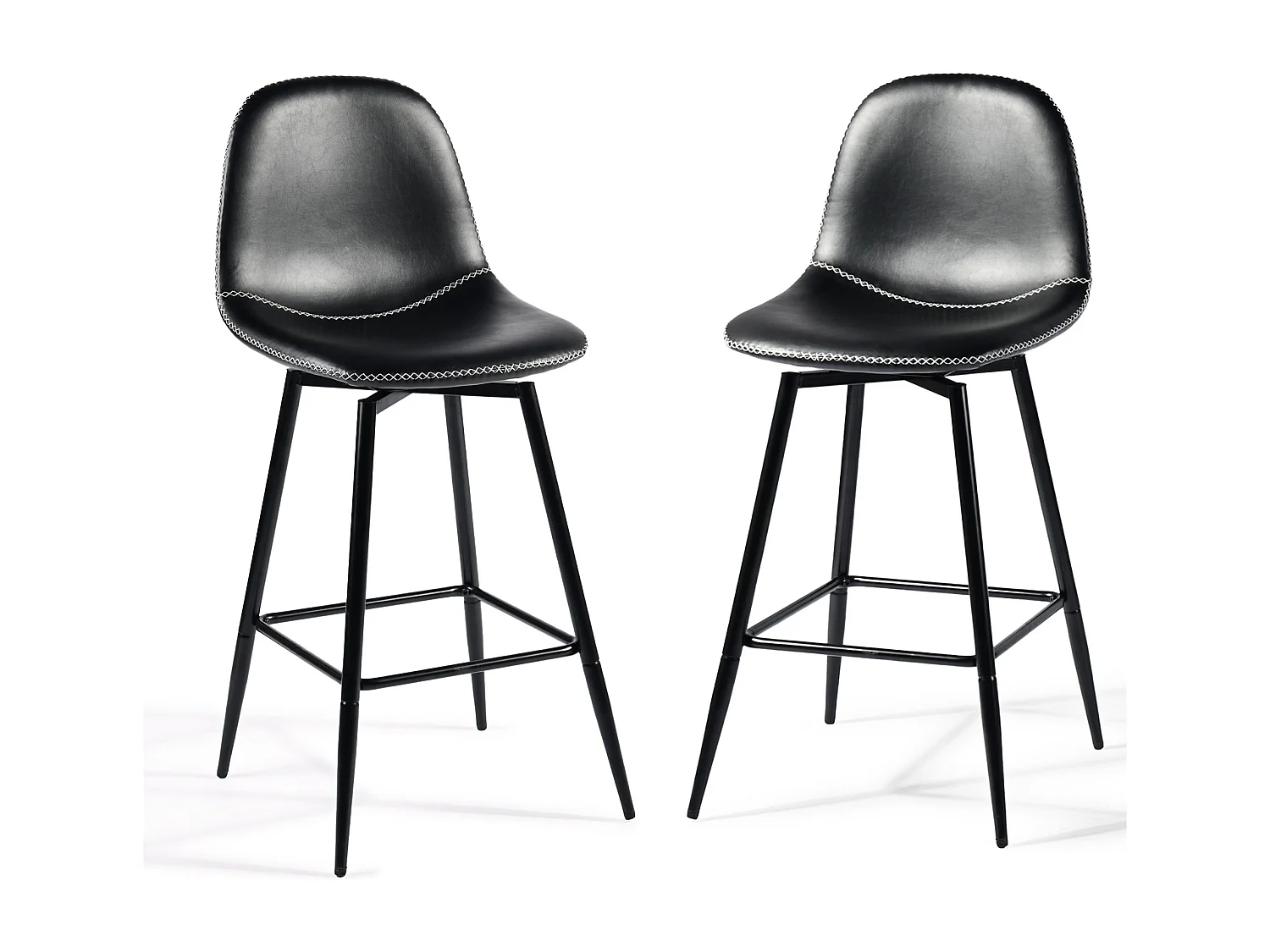URBAN MEUBLE Lot de 2 tabourets de bar pivotants en PU noir de style industriel surpiqûres blancs 67Hcm