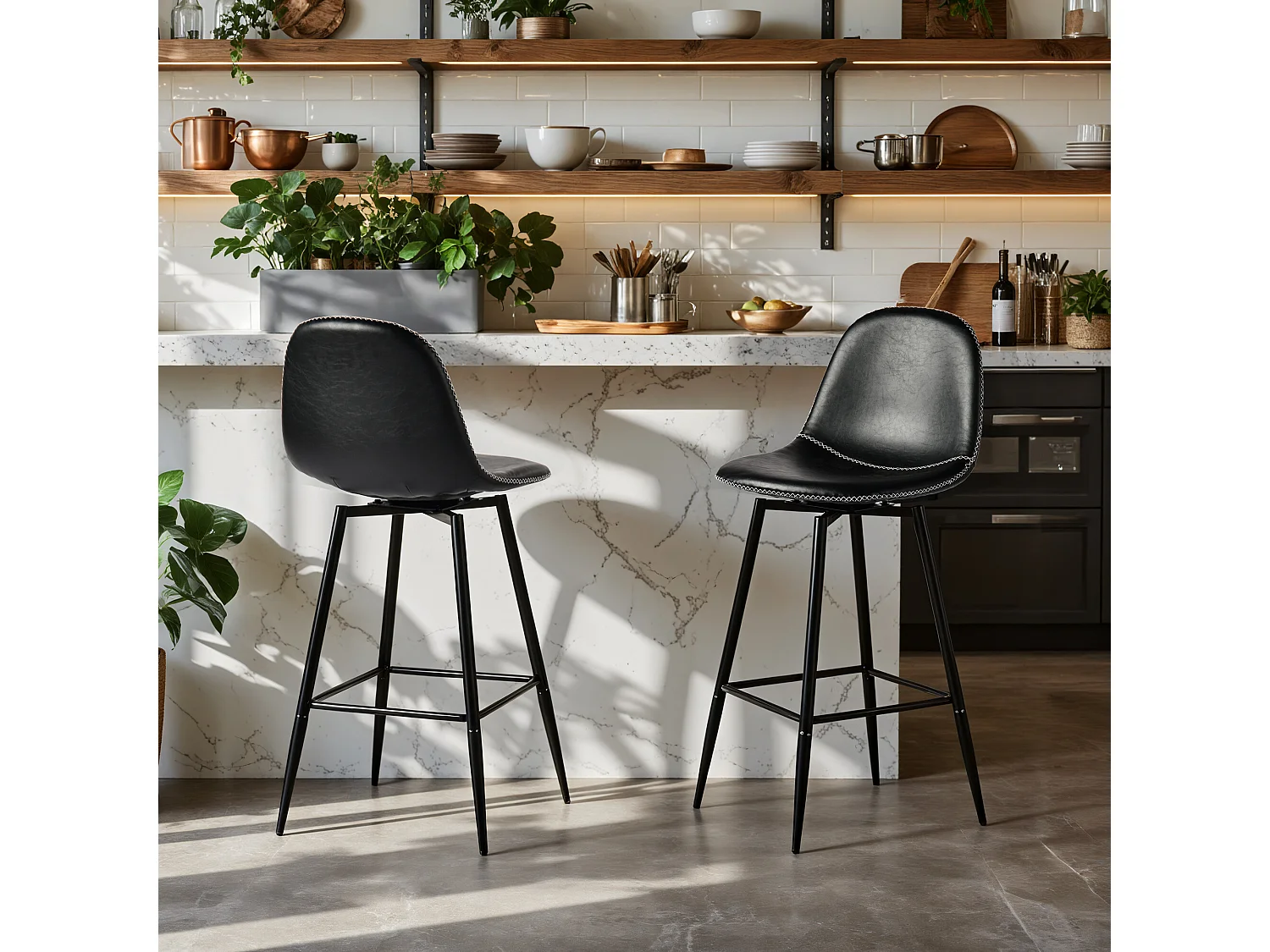 URBAN MEUBLE Lot de 2 tabourets de bar pivotants en PU noir de style industriel surpiqûres blancs 67Hcm