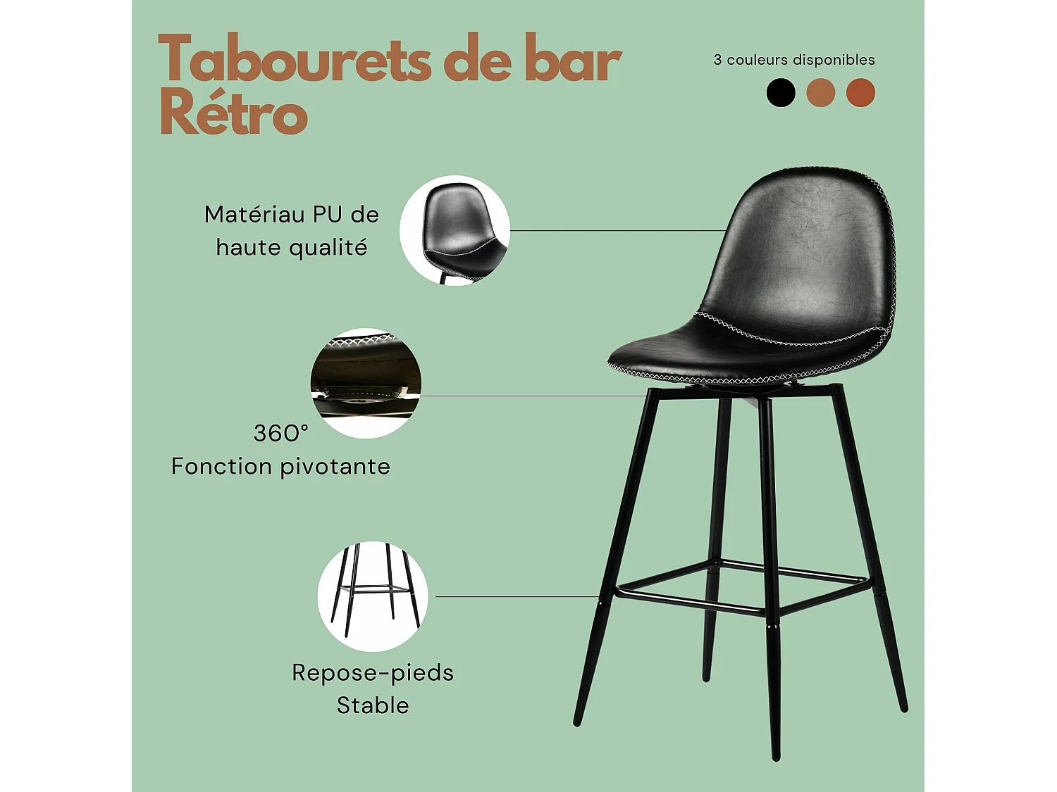 URBAN MEUBLE Lot de 2 tabourets de bar pivotants en PU noir de style industriel surpiqûres blancs 67Hcm