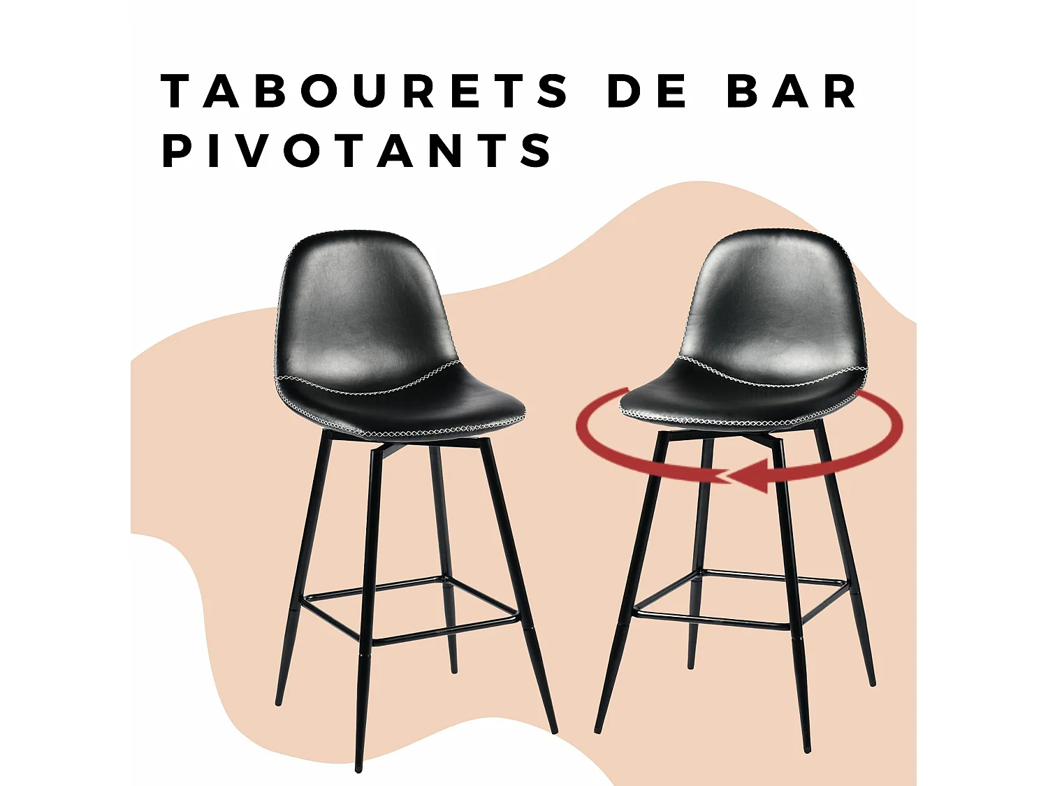 URBAN MEUBLE Lot de 2 tabourets de bar pivotants en PU noir de style industriel surpiqûres blancs 67Hcm