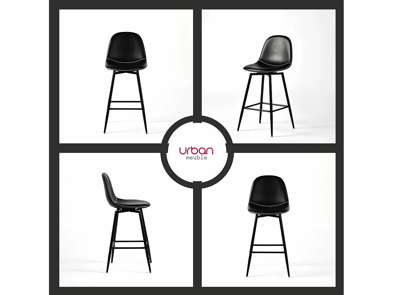 URBAN MEUBLE Lot de 2 tabourets de bar pivotants en PU noir de style industriel surpiqûres blancs 67Hcm