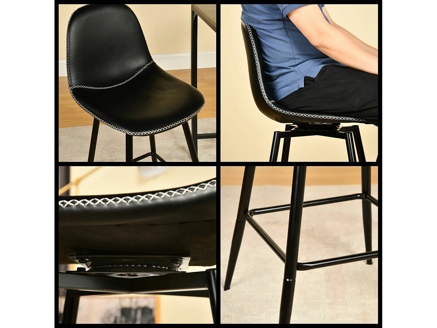 URBAN MEUBLE Lot de 2 tabourets de bar pivotants en PU noir de style industriel surpiqûres blancs 67Hcm