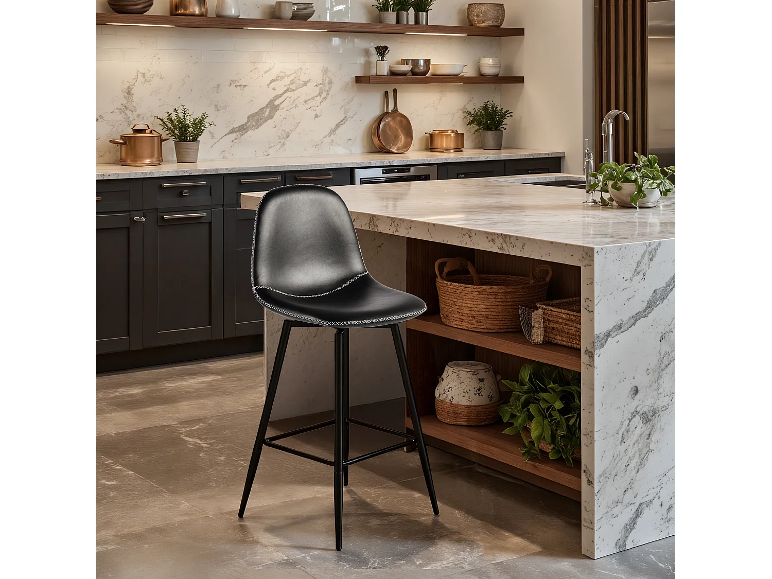 URBAN MEUBLE Lot de 2 tabourets de bar pivotants en PU noir de style industriel surpiqûres blancs 67Hcm