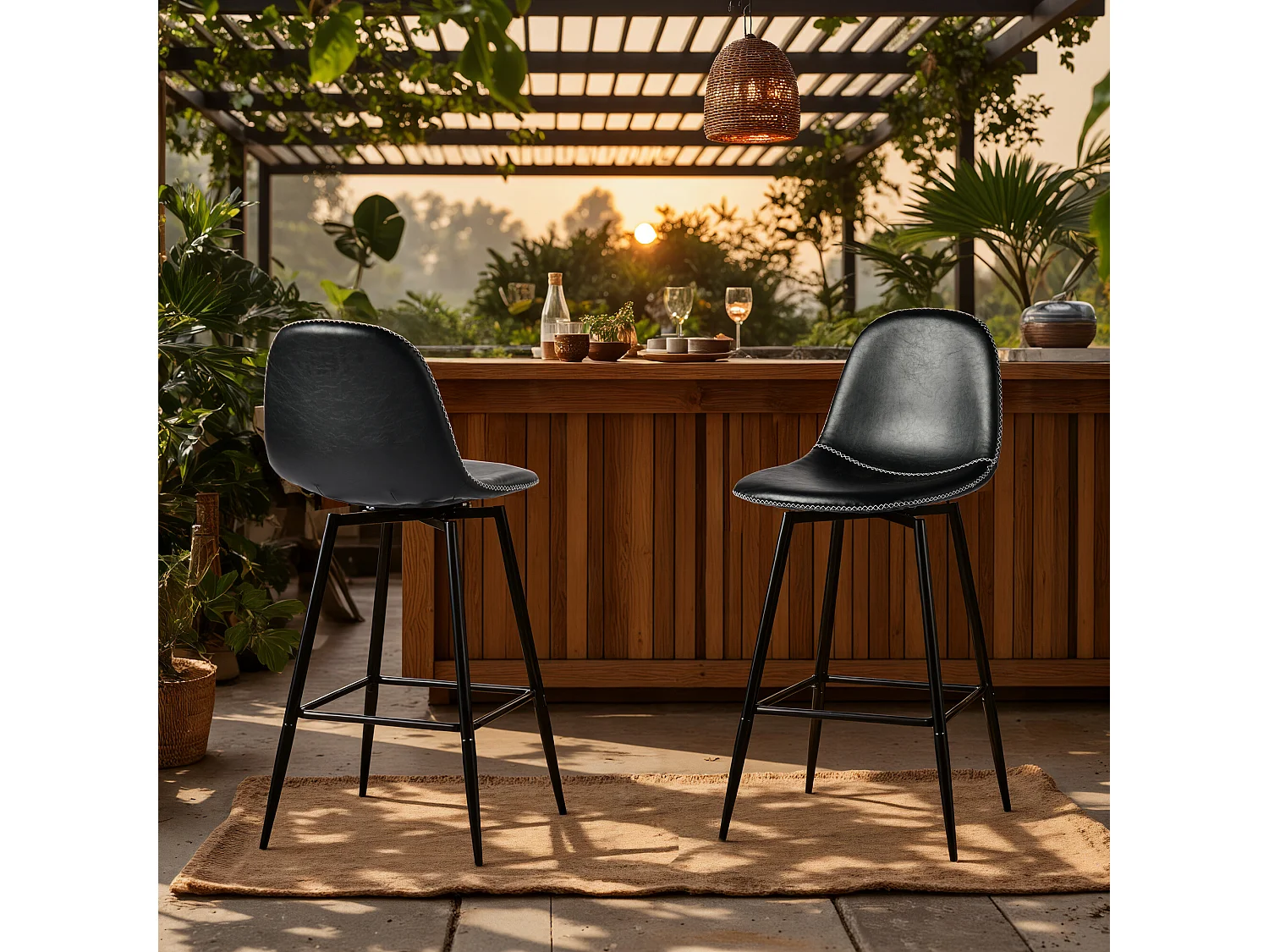 URBAN MEUBLE Lot de 2 tabourets de bar pivotants en PU noir de style industriel surpiqûres blancs 67Hcm
