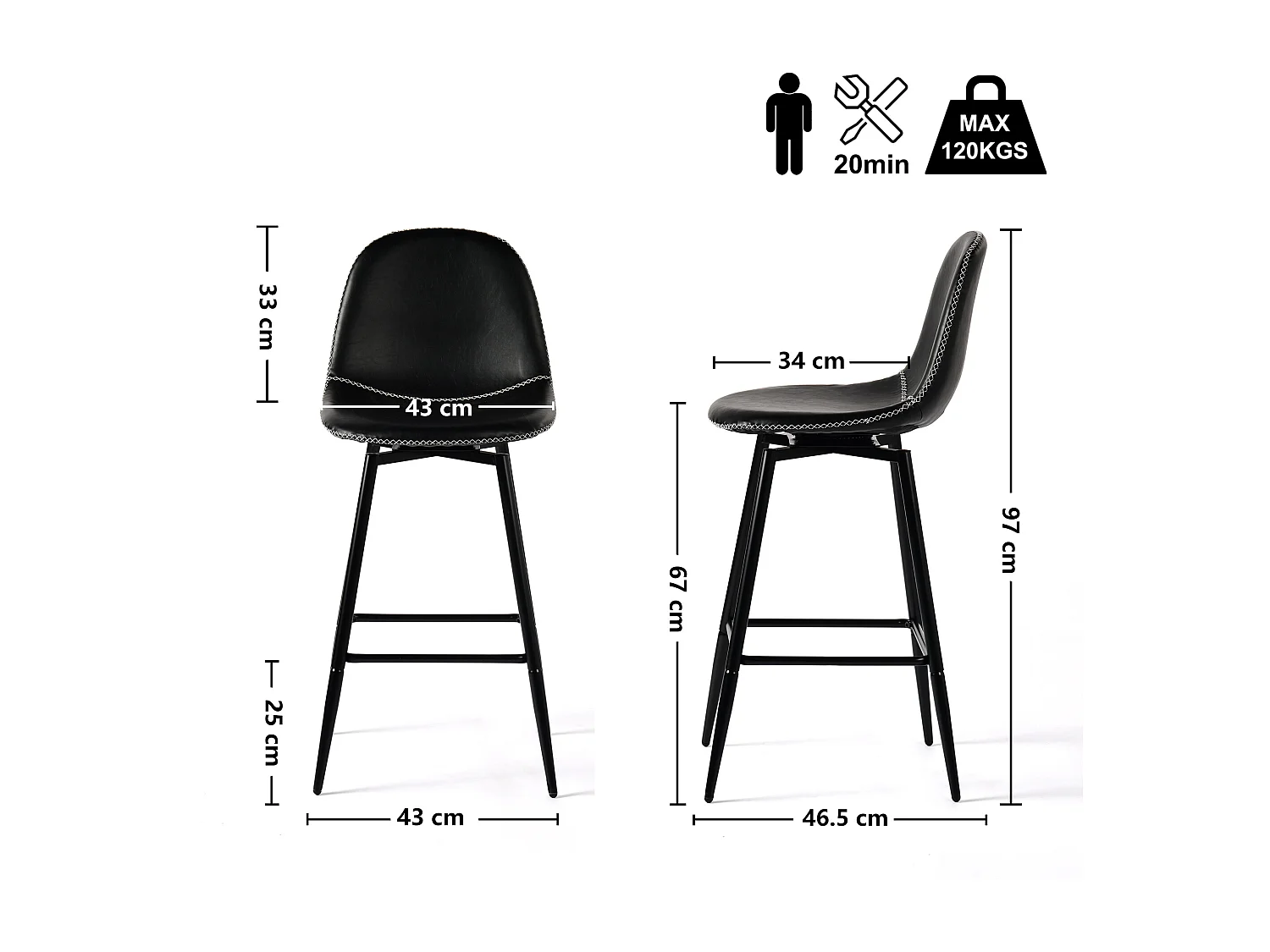 URBAN MEUBLE Lot de 2 tabourets de bar pivotants en PU noir de style industriel surpiqûres blancs 67Hcm