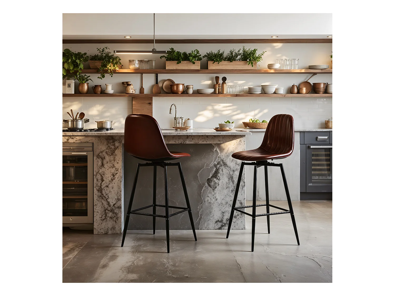 URBAN MEUBLE Lot de 2 tabourets de bar pivotants en PU marron capitonnée style vintage 67Hcm