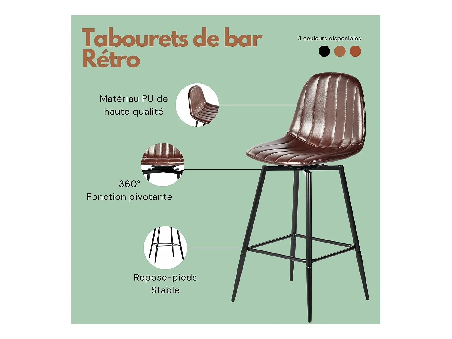 URBAN MEUBLE Lot de 2 tabourets de bar pivotants en PU marron capitonnée style vintage 67Hcm