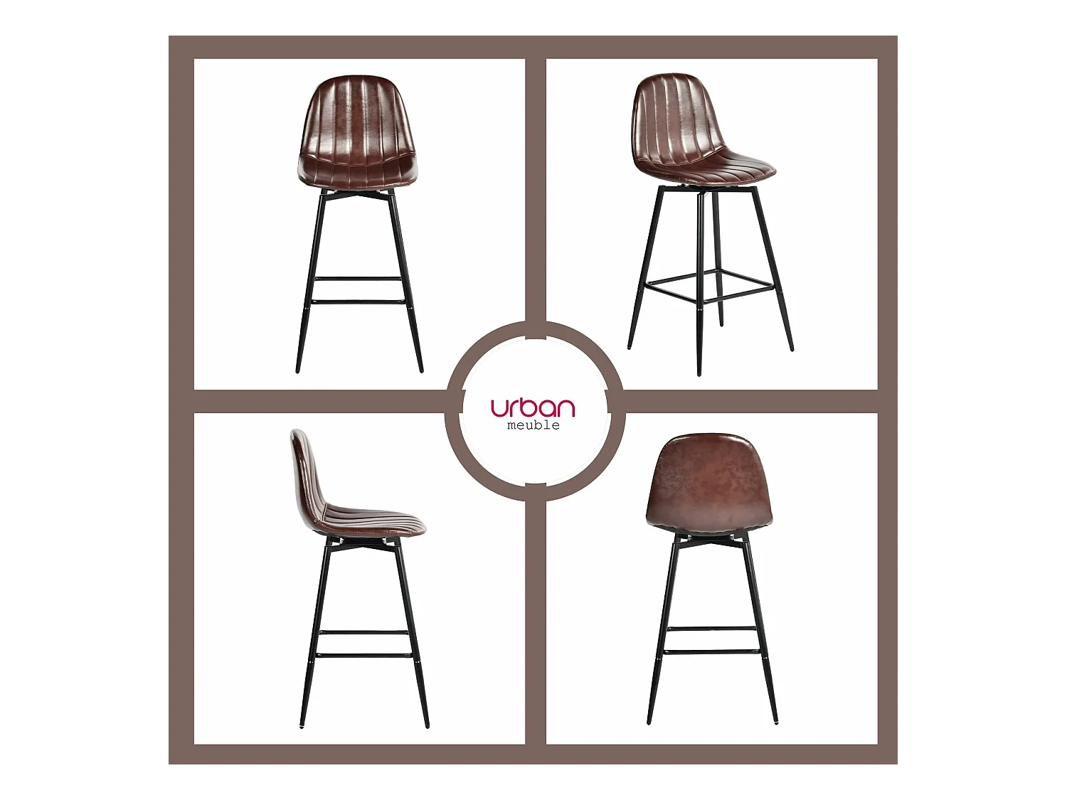 URBAN MEUBLE Lot de 2 tabourets de bar pivotants en PU marron capitonnée style vintage 67Hcm