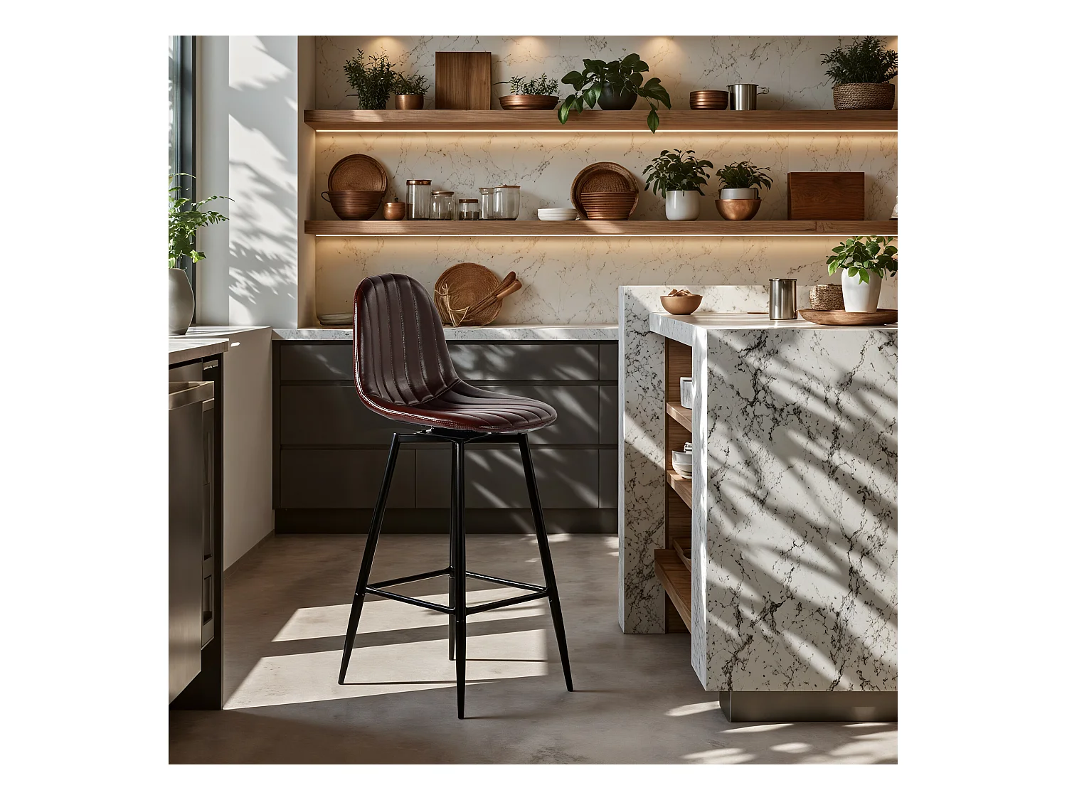 URBAN MEUBLE Lot de 2 tabourets de bar pivotants en PU marron capitonnée style vintage 67Hcm