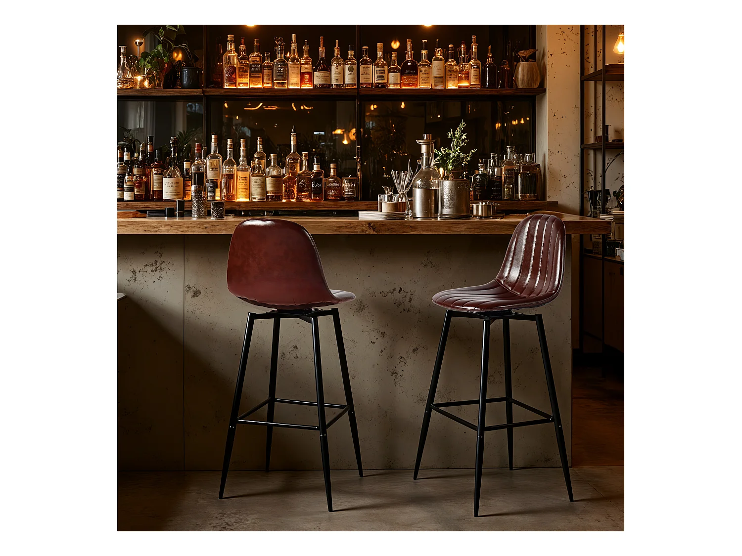 URBAN MEUBLE Lot de 2 tabourets de bar pivotants en PU marron capitonnée style vintage 67Hcm