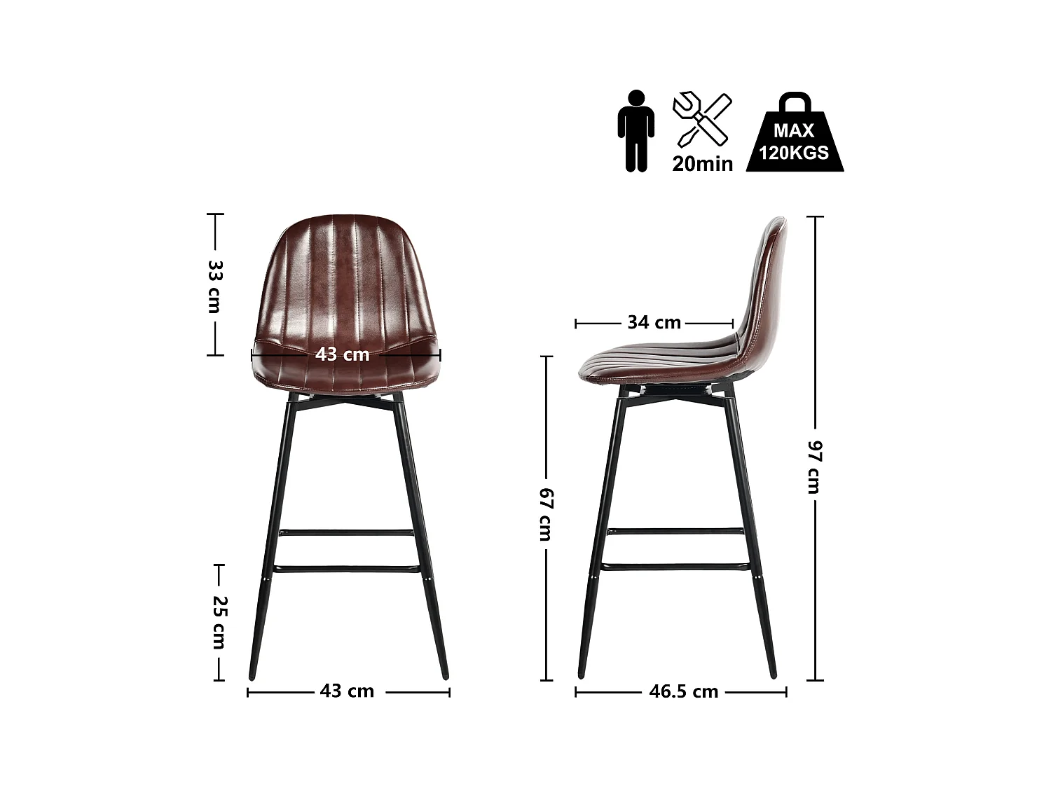 URBAN MEUBLE Lot de 2 tabourets de bar pivotants en PU marron capitonnée style vintage 67Hcm